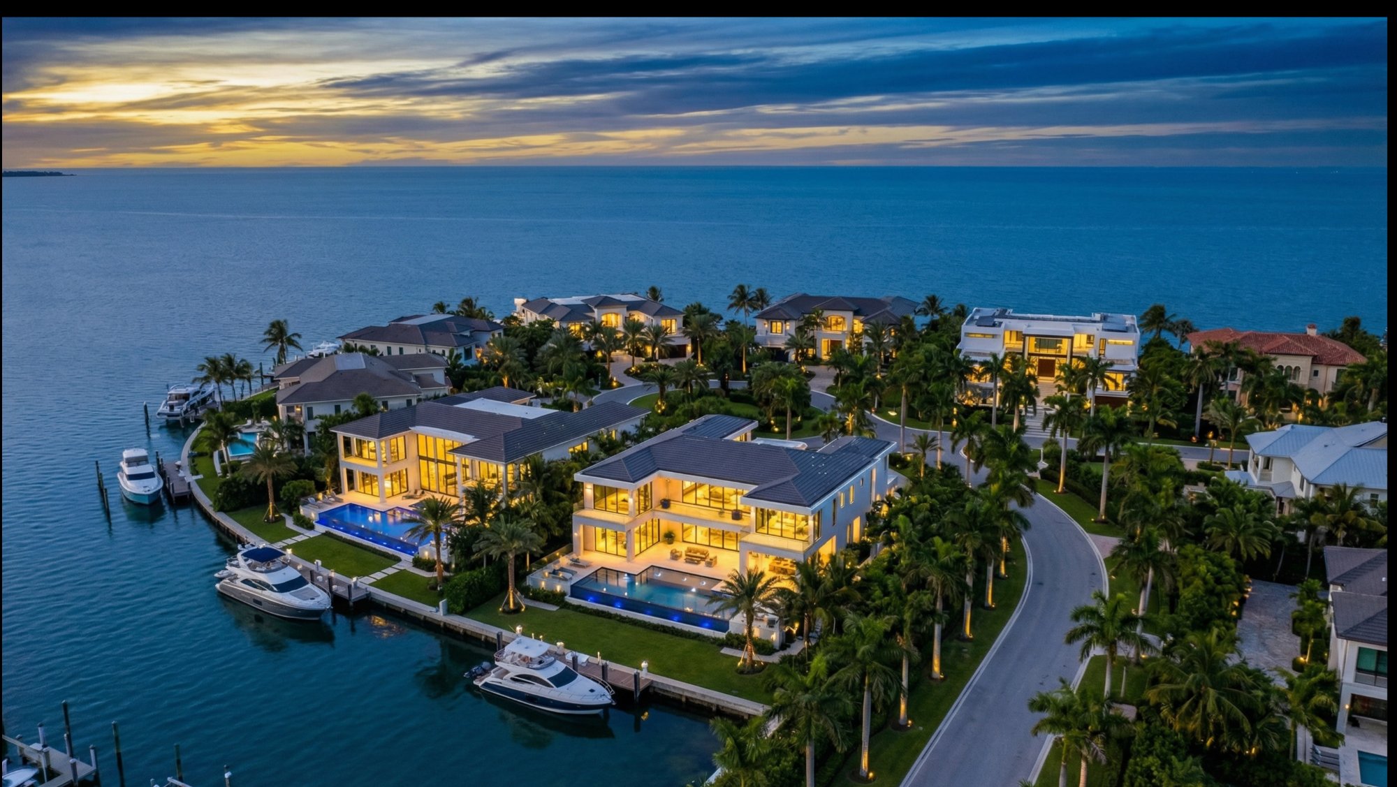 Luxury waterfront estate at twilight